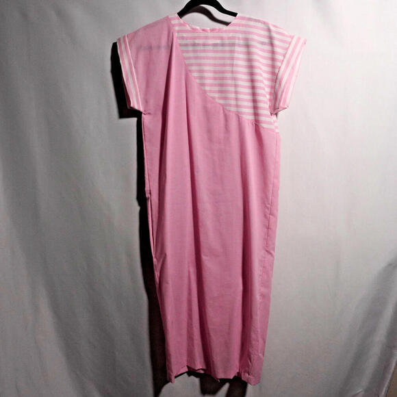 Vintage Handmade Pink Striped Midi Shirt Dress Pockets 80s Barbie Core‎ Retro L - Picture 1 of 5